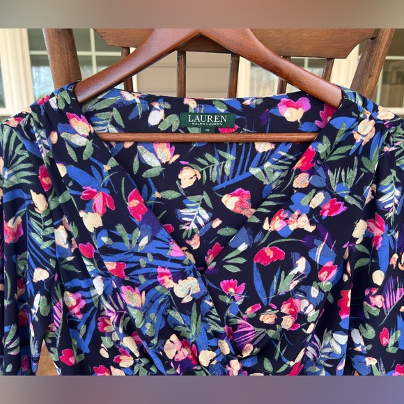 Lauren Ralph Lauren Size 10 Sheath Dress Black Floral Botanical Surplice V Neck - Picture 5 of 14